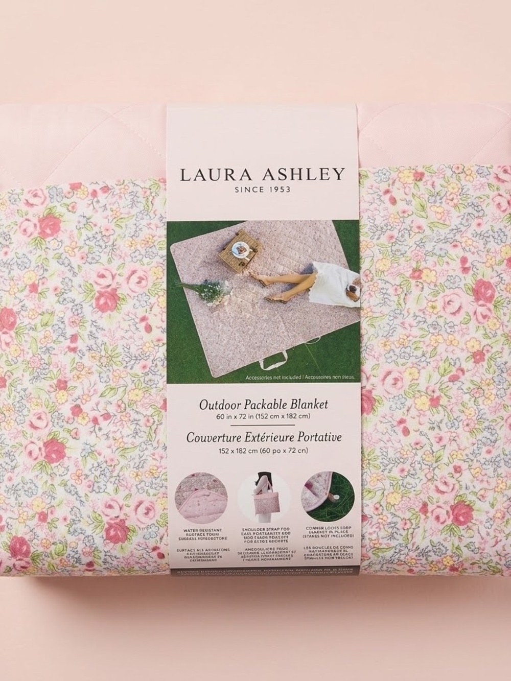 NWT Laura Ashley Pink Colourful Floral Packable Outdoor Picnic Blanket